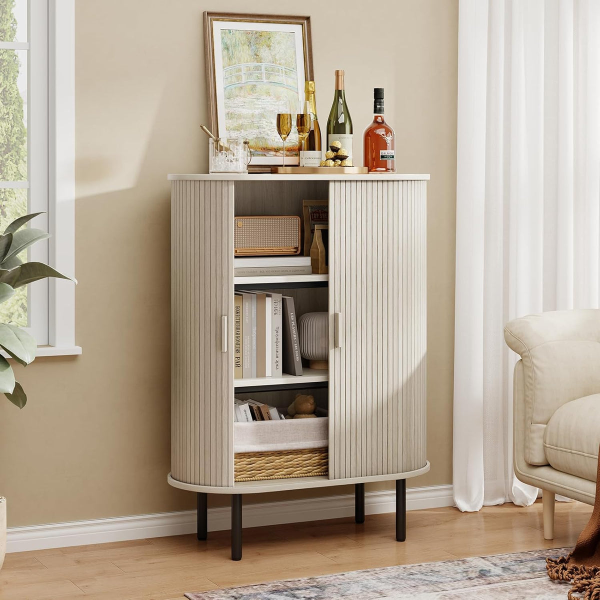 ONBRILL Sideboard Buffet Cabinet with Storage, 44" High Storage Cabinet with Sliding Door & Adjustable Feet, Modern Accent Coffee Bar Cabinet Console Table for Kitchen, Entryway, Natural White