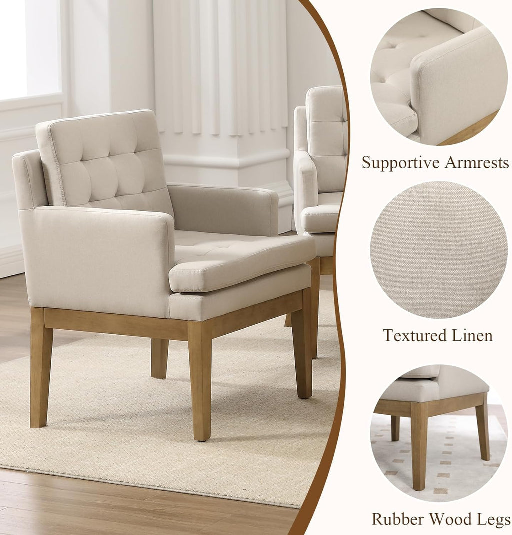 Linen Fabric Dining Chairs Set of 2, Upholstered Tufted Kitchen Room Chairs with Arms, Cozy Farmhouse Solid Wood Accent Side Chair for Dining/Living Room, Removable Cushion, Light Grey