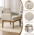 Linen Fabric Dining Chairs Set of 2, Upholstered Tufted Kitchen Room Chairs with Arms, Cozy Farmhouse Solid Wood Accent Side Chair for Dining/Living Room, Removable Cushion, Light Grey