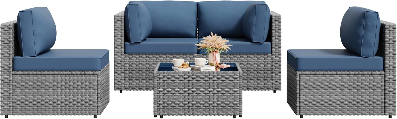 Vongrasig 5 Pieces Outdoor Sectional Furniture, All-Weather Rattan Patio Furniture Set, Wicker Patio Sectional Couch with Cushion, Glass Table, Navy Blue