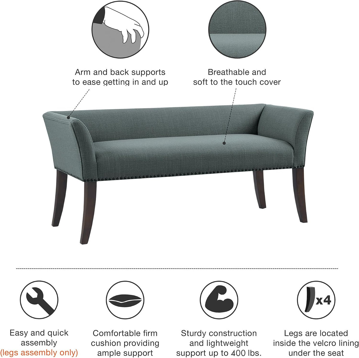 Madison Park Accent Bench, Upholstered with Nailhead Trim, & Padded Seat Entryway Bench Small, End of Bed Bench with Back, 49.5" W x 19.25" D x 23" H, Slate Blue