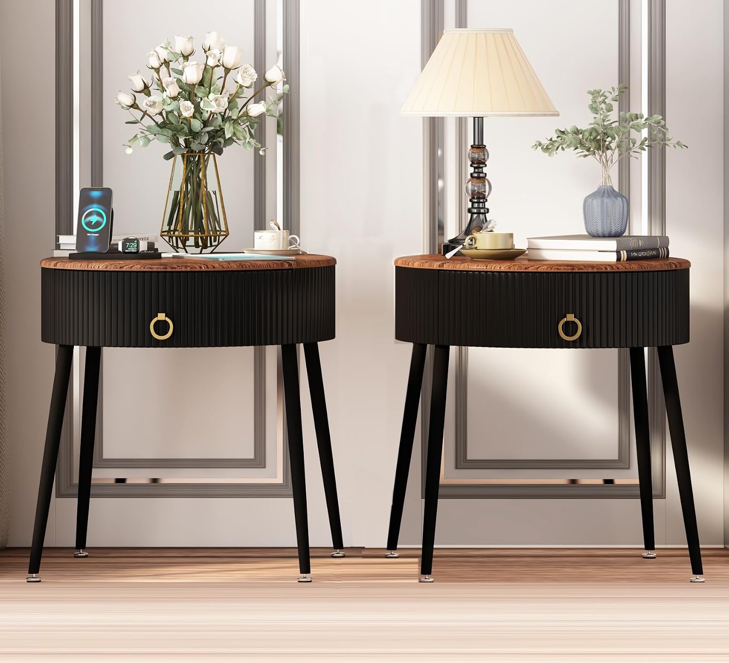 OIOG End Tables Set of 2, Wood Grain Bedside Tables with Drawer, Black