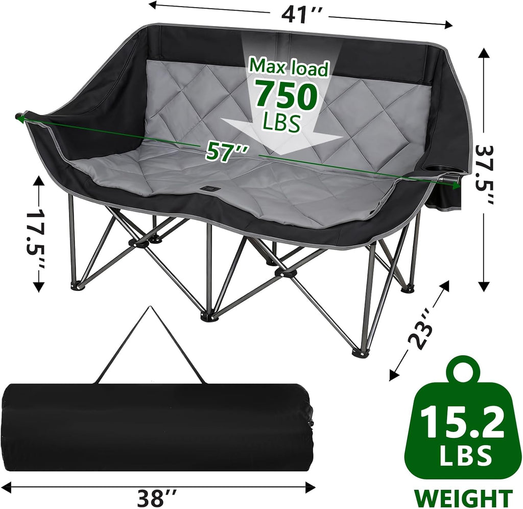 Double Camping Chair for 2 Persons, Oversized Folding Loveseat Camping Chair with Cup & Wine Holders, Heavy Duty 750LBS Support, Portable Camping Couch for Outdoor, Lawn, Beach, Black+Grey