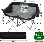 Double Camping Chair for 2 Persons, Oversized Folding Loveseat Camping Chair with Cup & Wine Holders, Heavy Duty 750LBS Support, Portable Camping Couch for Outdoor, Lawn, Beach, Black+Grey