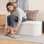 DUMOS Ottoman Bench End of Bed, 43 Inch Ottoman with Storage, Foot Rest Bench Stool with Cushion, Oval Round Folding Storage Chest for Bedroom, Living Room, Entryway, Dorm, Teddy Fabric, White