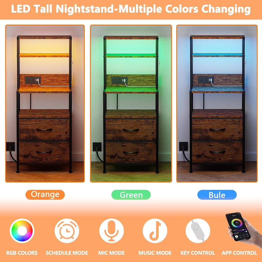 Furnulem Night Stand, Tall Nightstand with 4-Tier Shelves, 2 Fabric Drawers | RGB LED Lights, Bed Side & End Tables with Charging Station, Bedside Table for Bedroom, Office, Dorm Rustic Brown