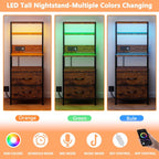 Furnulem Night Stand, Tall Nightstand with 4-Tier Shelves, 2 Fabric Drawers | RGB LED Lights, Bed Side & End Tables with Charging Station, Bedside Table for Bedroom, Office, Dorm Rustic Brown