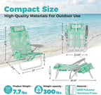 Low Beach Chairs for Adults - 5-Position Lay-Flat Backpack Chair with Large Insulated Cooler & Storage Pocket, Aluminum Frame, Portable for Travel & Outdoor, Supports 300lbs, Ocean Mint