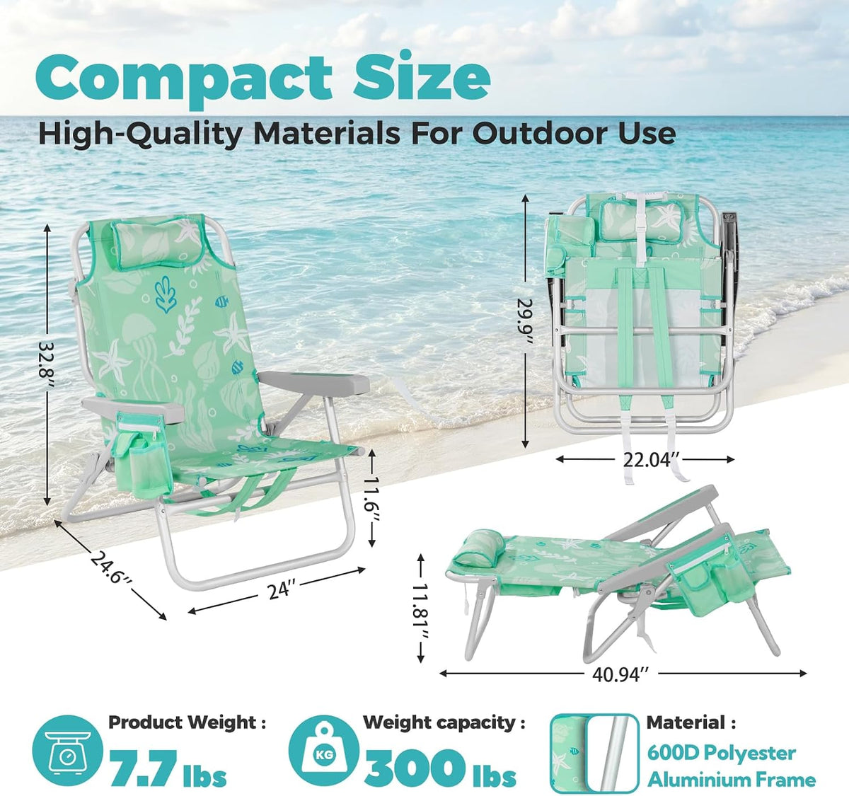 Low Beach Chairs for Adults - 5-Position Lay-Flat Backpack Chair with Large Insulated Cooler & Storage Pocket, Aluminum Frame, Portable for Travel & Outdoor, Supports 300lbs, Ocean Mint