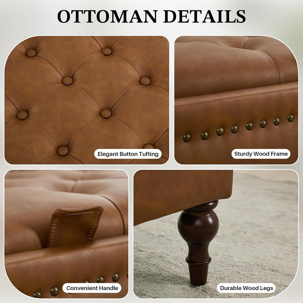 Storage Ottoman Coffee Table, Large Ottoman with Storage Oversized Square Footstool with Anti-Slip Embedded Lid, Tufted Upholstered Ottomans for Living Room, Brown Faux Leather