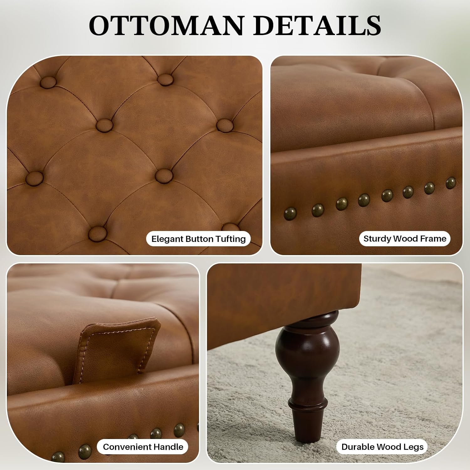 Storage Ottoman Coffee Table, Large Ottoman with Storage Oversized Square Footstool with Anti-Slip Embedded Lid, Tufted Upholstered Ottomans for Living Room, Brown Faux Leather