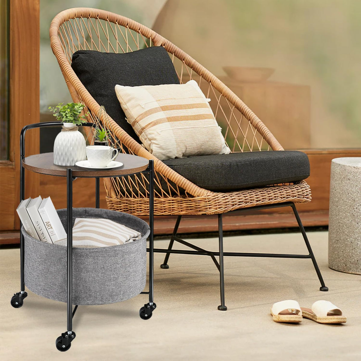 Rolling Round Metal Side Table,2-Tier Storage Side Table with Wheels,End Coffee Table with Steel Frame and Fabric Storage Basket,Cart Side Table Tray for Living Room,Bedroom,Wood Black