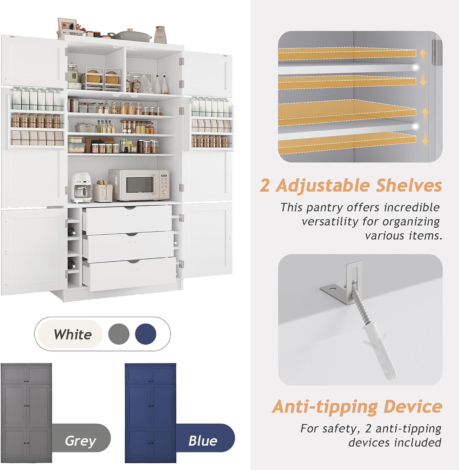 JIJIWANG 80.1'' Modern Kitchen Pantry Storage Cabinet with Adjustable Shelves and Storage Cabinet,Versatile Cupboard with Door Shelves and Drawers,for Kitchen,Dining Room,White