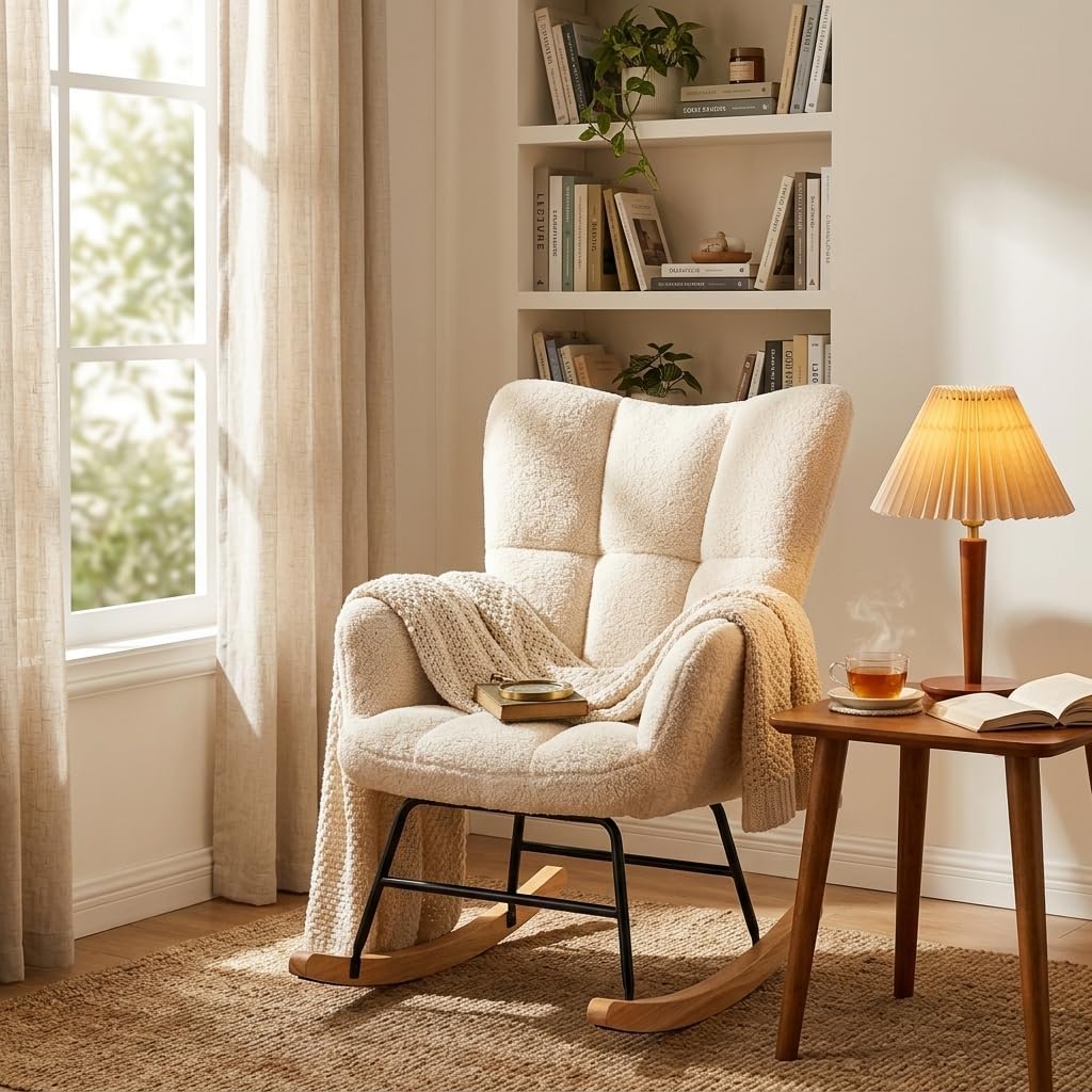 Teddy Upholstered Wingback Rocking Chair, Soft Padded Indoor Reading Glider Chair for Living Room and Bedroom, Beige