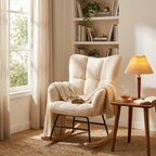 Teddy Upholstered Wingback Rocking Chair, Soft Padded Indoor Reading Glider Chair for Living Room and Bedroom, Beige