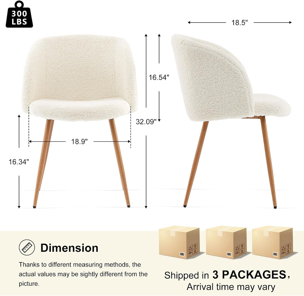 Homedot Dining Chairs Set of 6, Upholstered Sherpa Kitchen Chairs with Curved Back, Padded Seat with Wood Grain Metals, Modern Dining Side Bedroom Chairs Barrel for Kitchen Dining Room, Off White