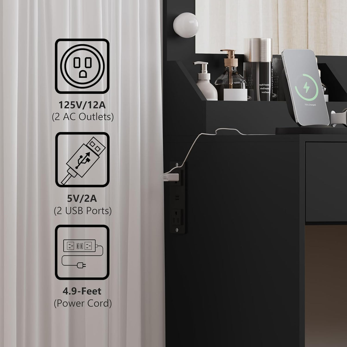 Black Vanity Desk with Mirror and Lights, 34" LED Small Vanity Table with Power Outlet & Large Storage Drawers, 3 Color Adjustable Lights, Dressing Table for Bedroom & Apartment