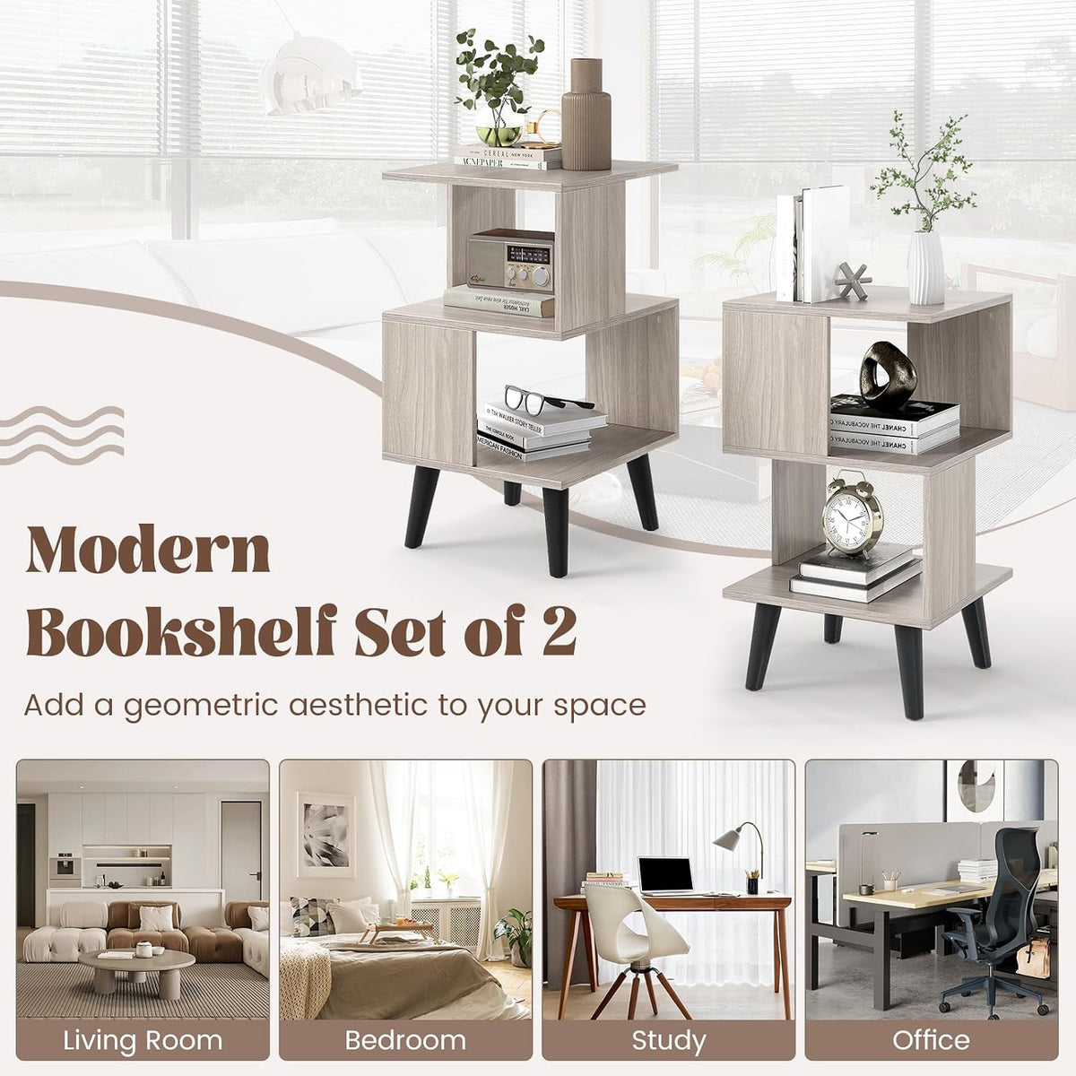 GOFLAME 3-Tier End Table Set of 2, Wood Sofa Side Table with Open Storage Shelves, Plastic Legs, Geometric Bedside Table, Modern Nightstand for Living Room, Bedroom, Small Spaces, Gray