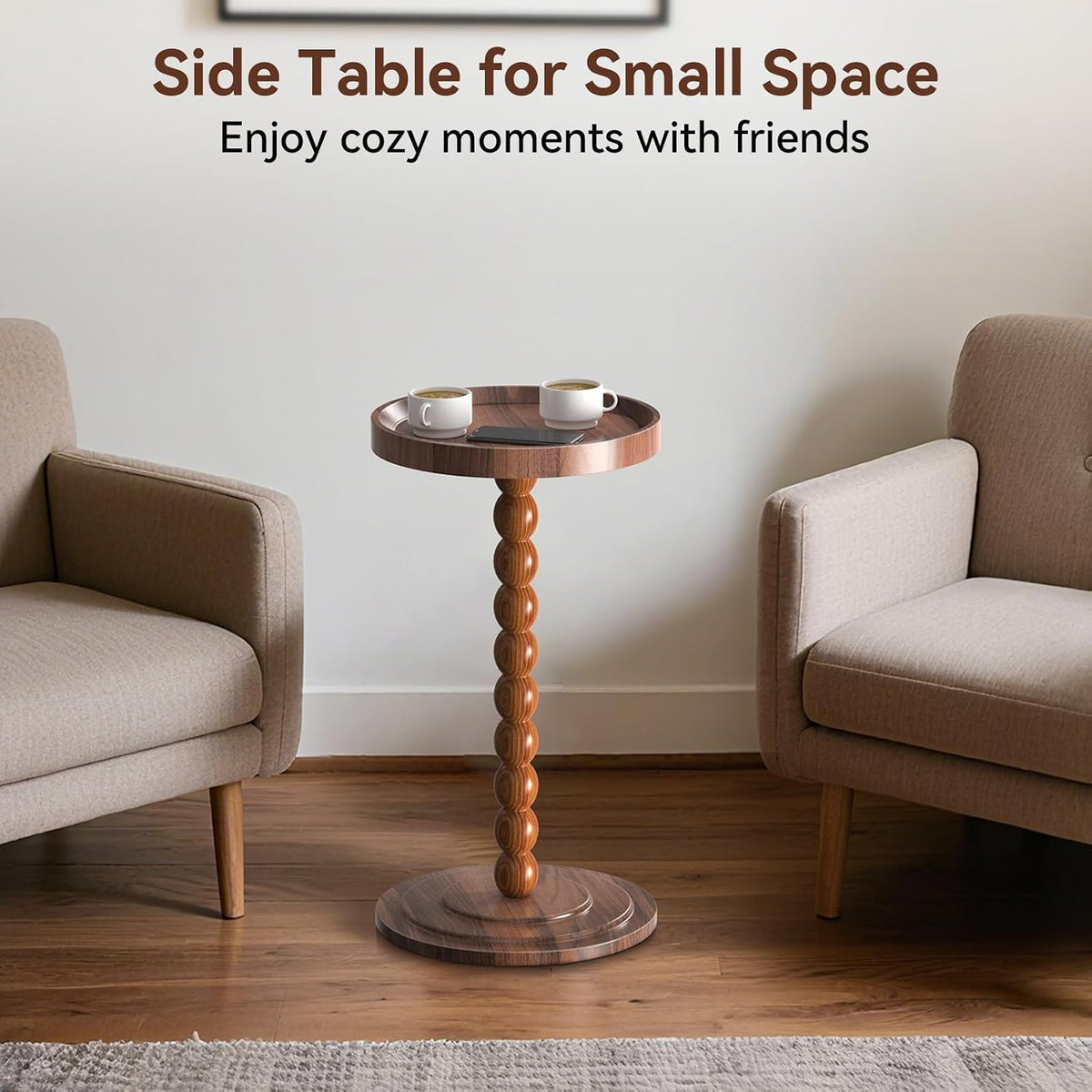 XNSDXV Round Side Table with Solid Wood Leg, Small Drink Table for Small Spaces, Martini Table with Raised Edge, Pedestal Side Table for Living Room, Bedroom,Sofa and Couch (Walnut Brown)