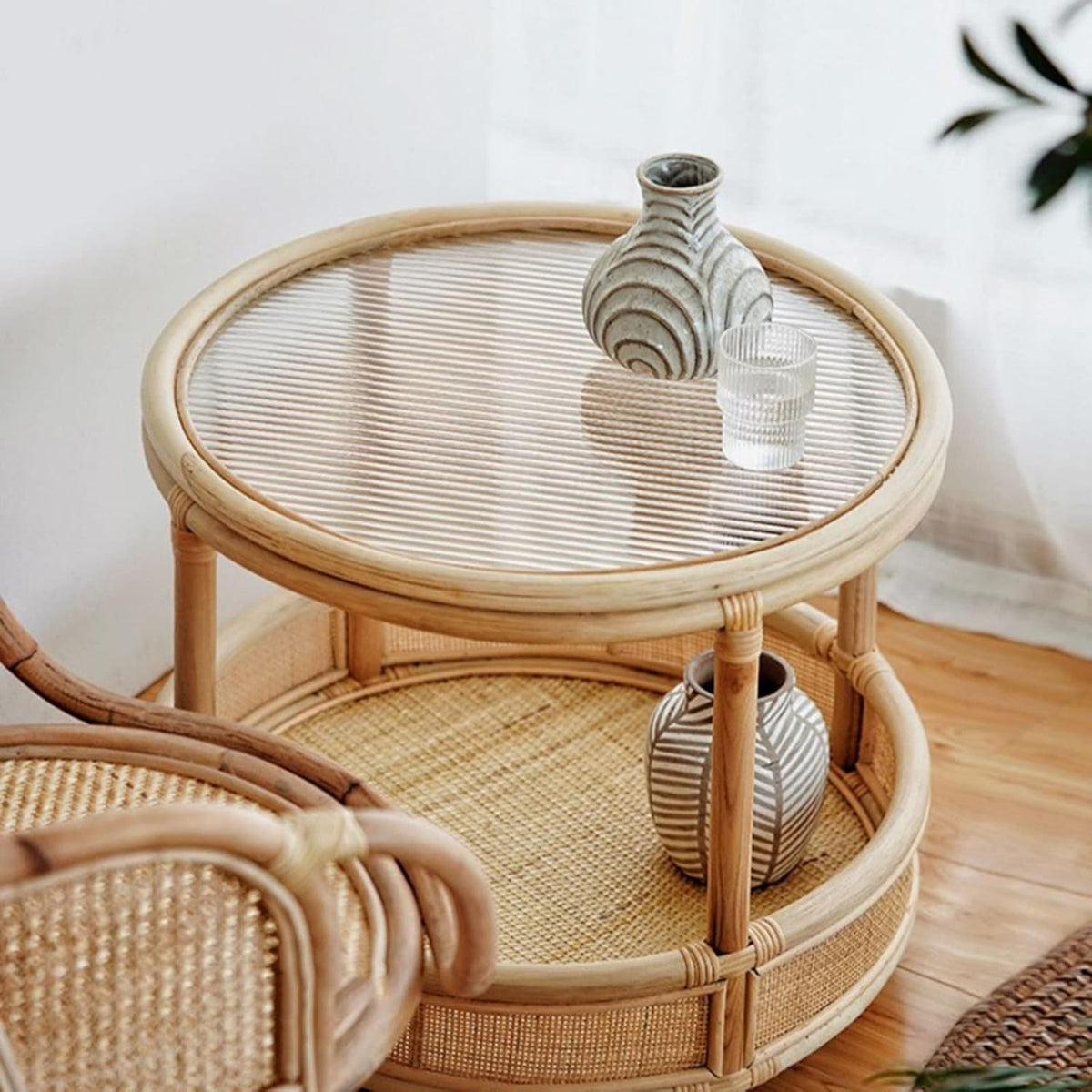 Mlaea Double-Layer Round Rattan Surface/Glass Surface Small Table, Living Room Sofa Side Shelf, Telephone Holder, Large Capacity, Country Style(Size:55 * 51cm,Color:B)