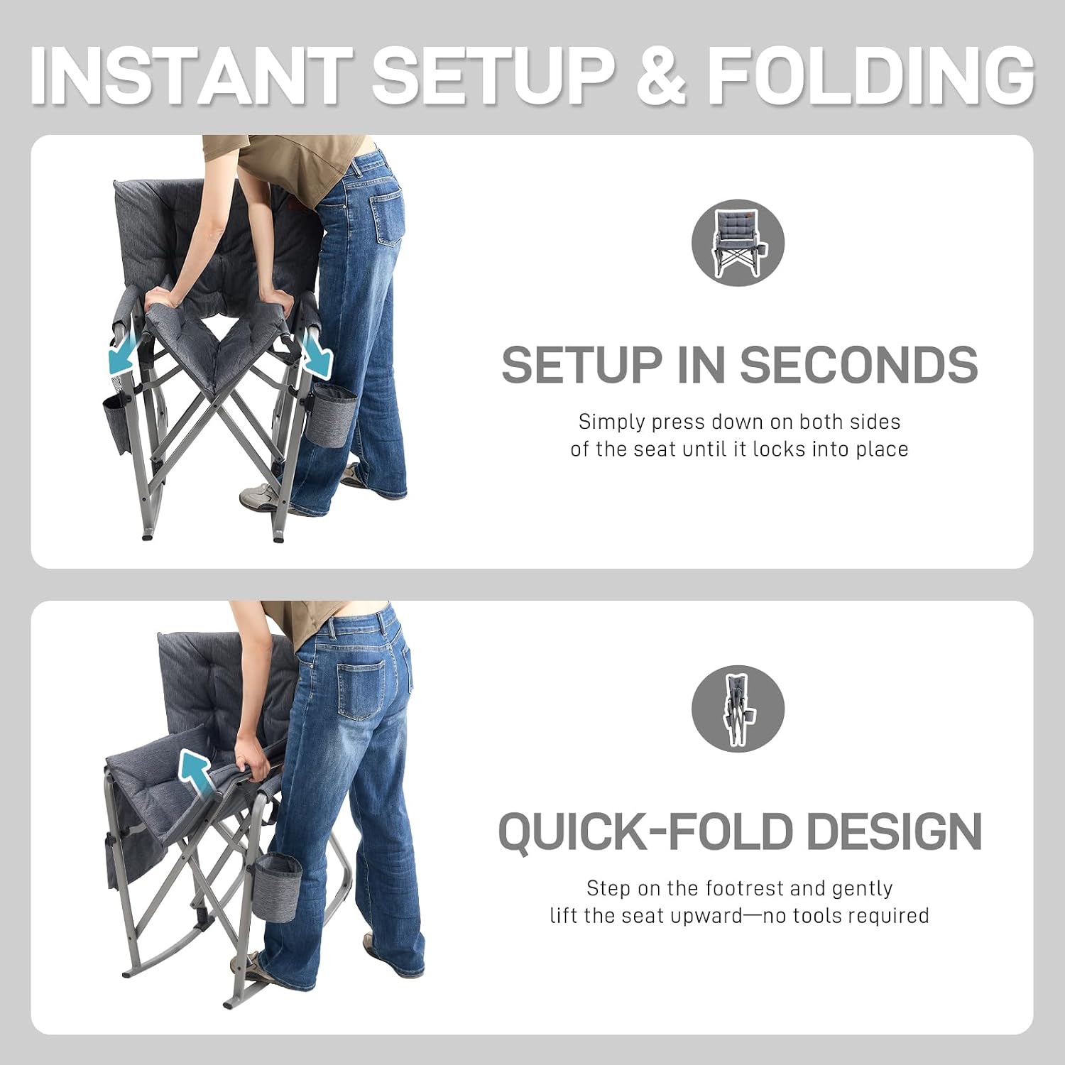 EVER ADVANCED Lightweight Folding Rocking Camping Chair, Padded Portable Rocker Chair for Patio, Lawn and Outdoors, Heavy Duty Hard Armchair for Adults, Grey