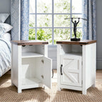 White Farmhouse End Table Set of 2, Rustic Nightstand with Barn Door and Shelf, Bedside Table with Charging Station for Living Room, Bedroom