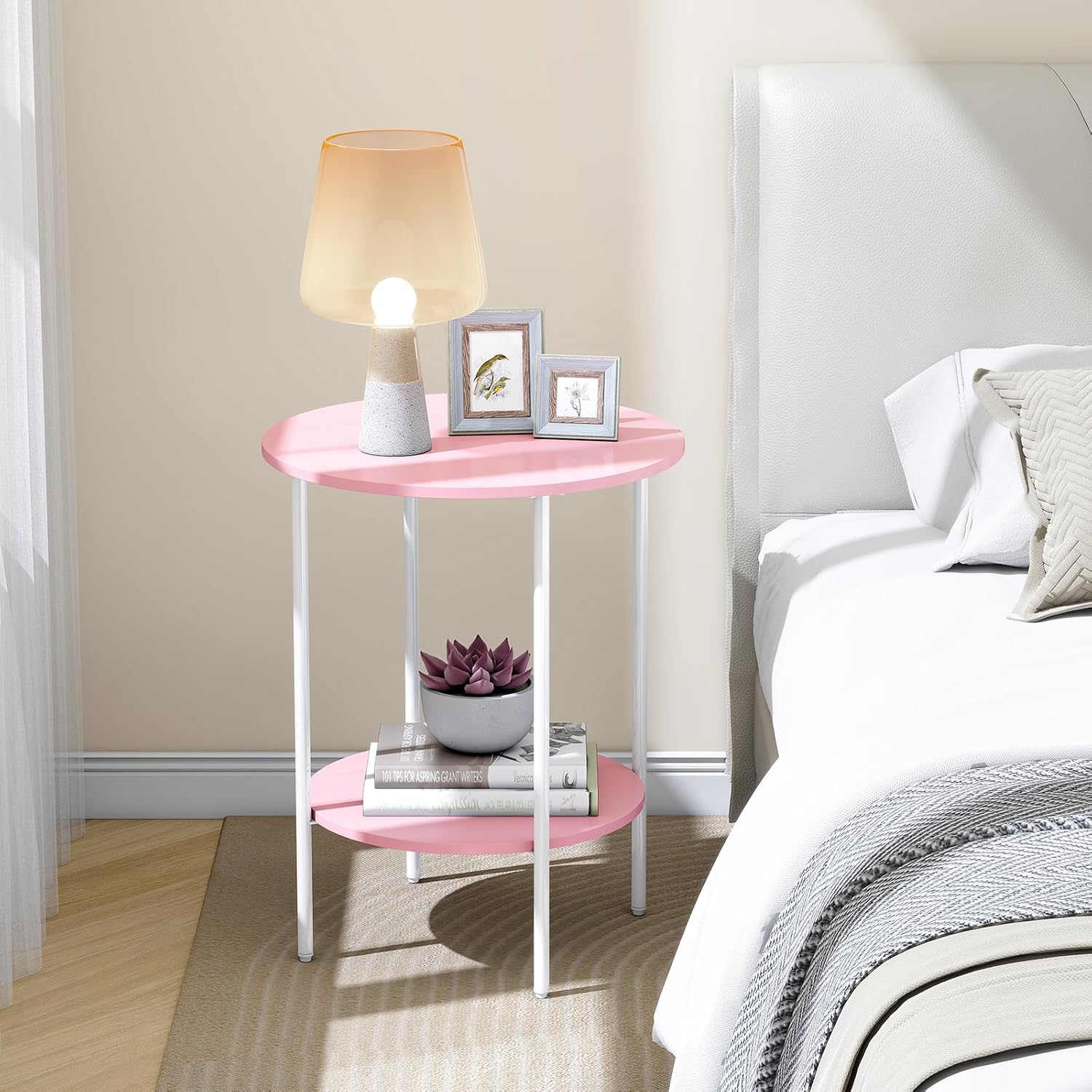 Side Table,Round End Table with 2 Storage Shelves| Compact Side Tables for Living Room, Couch, Gym, Office & Bedroom | Narrow Accent Table as Space-Saving Small Bedside Table 18x18x22in(Pink)