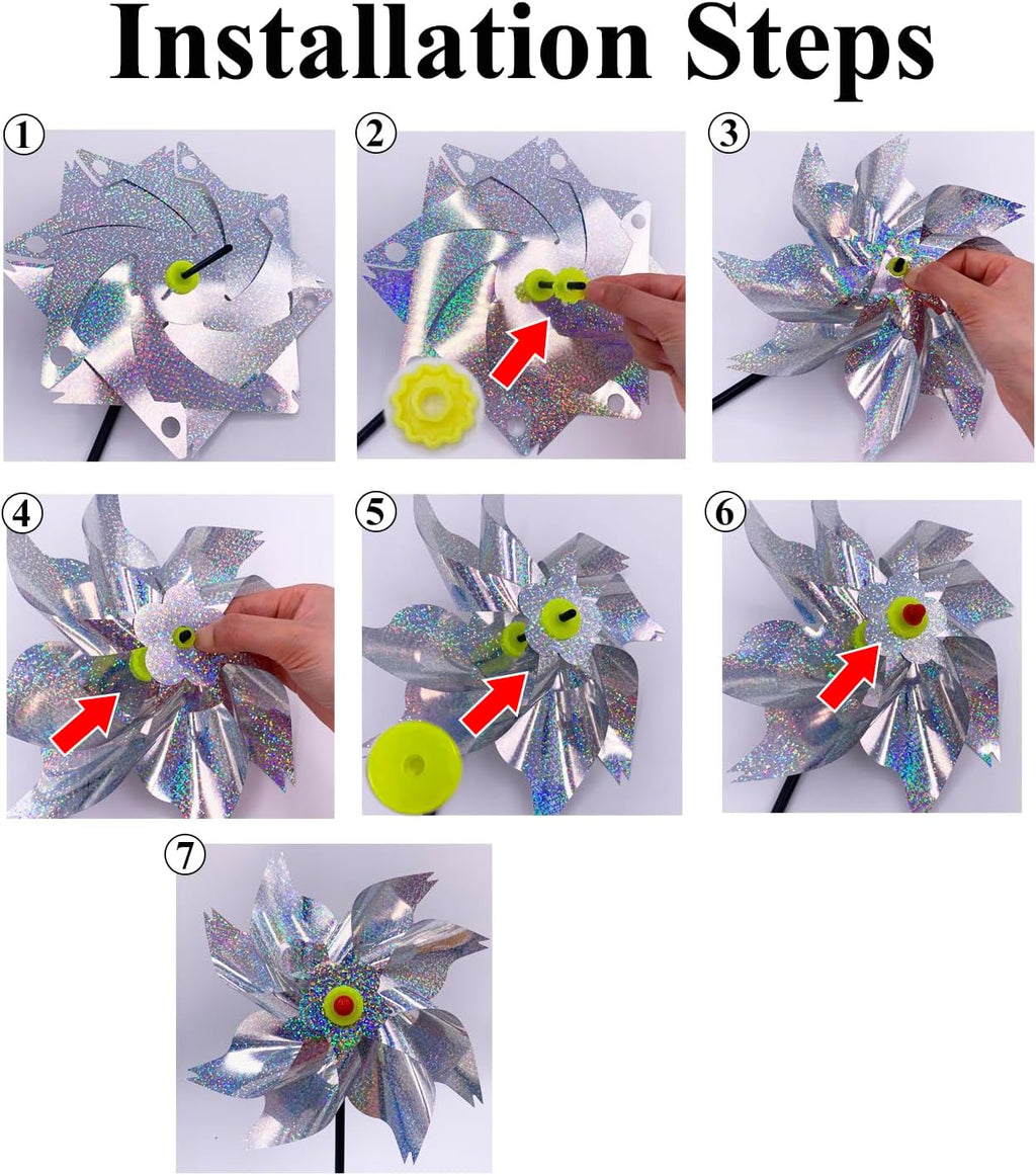 Sparkly Reflective Pinwheels with Stakes, Colorful Wind Spinners Outdoor Bird Scare Devices, Foil Pin Wheel Holographic Whirl Windmill for Yard Garden Decor Garden Wind Spinner 6 Packs