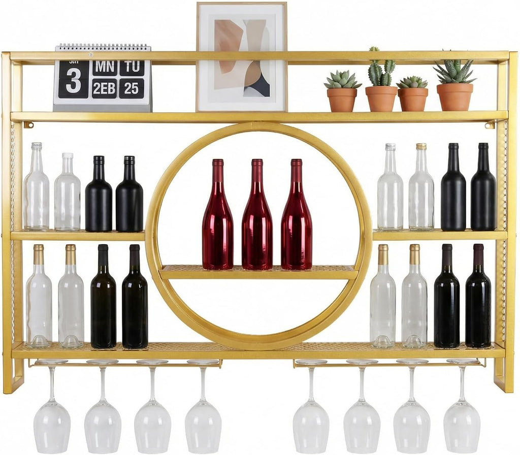 Metal Wall Mounted Wine Rack 3 Tier with LED Light Large Capacity Modern Liquor Shelves with Glass Holder Storage for Home Bar Dining Room Kitchen Living Room