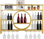 Metal Wall Mounted Wine Rack 3 Tier with LED Light Large Capacity Modern Liquor Shelves with Glass Holder Storage for Home Bar Dining Room Kitchen Living Room