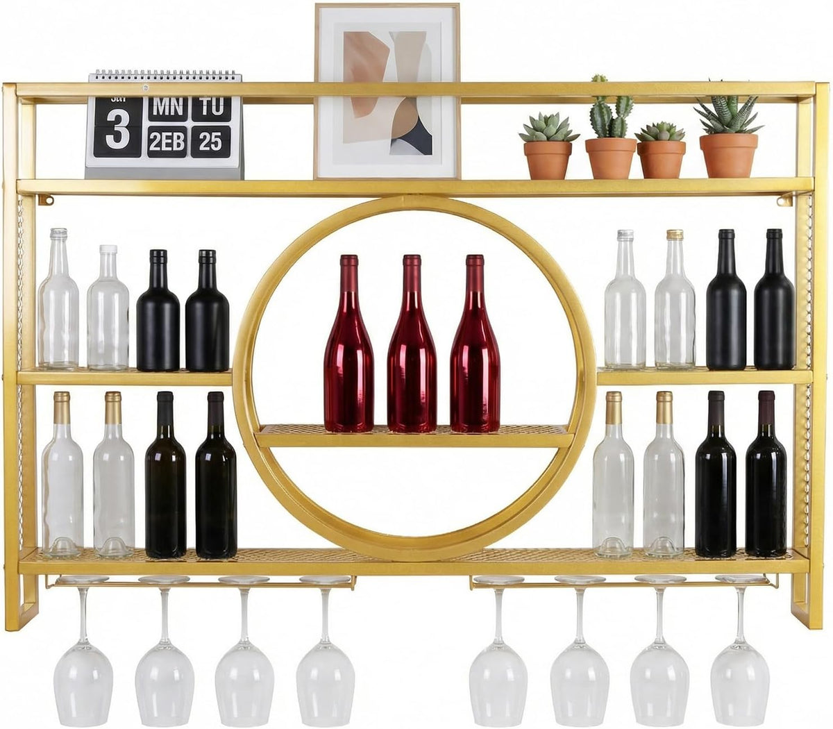 Metal Wall Mounted Wine Rack 3 Tier with LED Light Large Capacity Modern Liquor Shelves with Glass Holder Storage for Home Bar Dining Room Kitchen Living Room