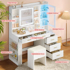 DICTAC Makeup Vanity Desk with Sliding LED Lighted Mirror, 47.2"W Large Vanity Desk with Drawers, Shelves and Side Storage, RGB Glass Cabinet, White Vanity Table Set with Charging Station for Bedroom