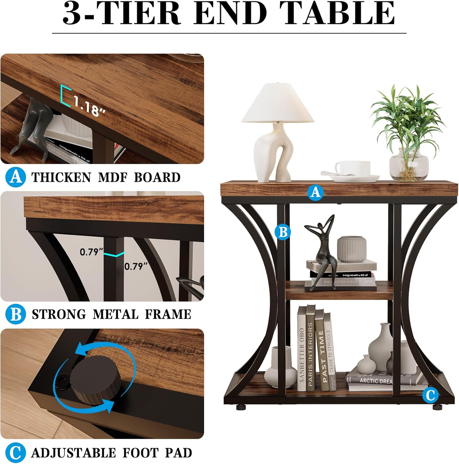 3 Tier End Table with Storage, Narrow End Table for Living Room and Bedroom, Small Space Wood and Metal Side Table, Rustic Brown