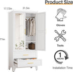 RIETERN Metal Armoire Wardrobe Closet, 71" Tall Bedroom Closet with Mirror | 2 Drawers, Adjustable Shelves, and Hanging Rod, Steel clothes closets and Storage, for Bedroom White