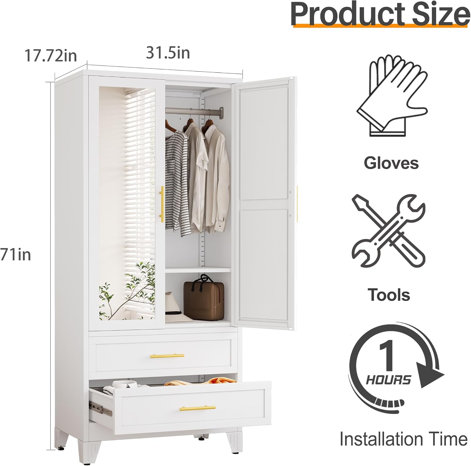 RIETERN Metal Armoire Wardrobe Closet, 71" Tall Bedroom Closet with Mirror | 2 Drawers, Adjustable Shelves, and Hanging Rod, Steel clothes closets and Storage, for Bedroom White