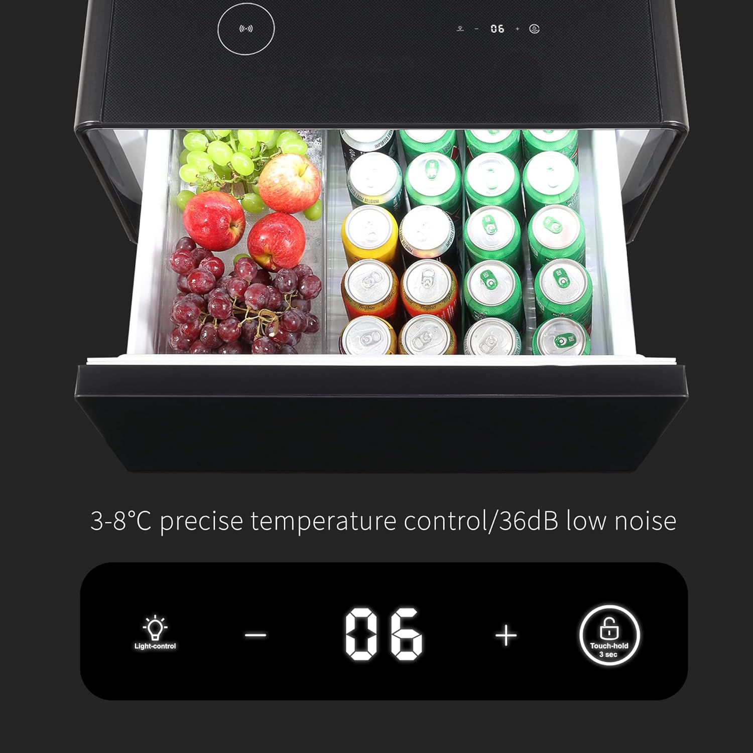 LUMISOL Smart Side Table with Built-in Fridge, Wireless Charging, Temperature Control, Power Socket, USB Ports, Outlet Protection, Induction Light, Black