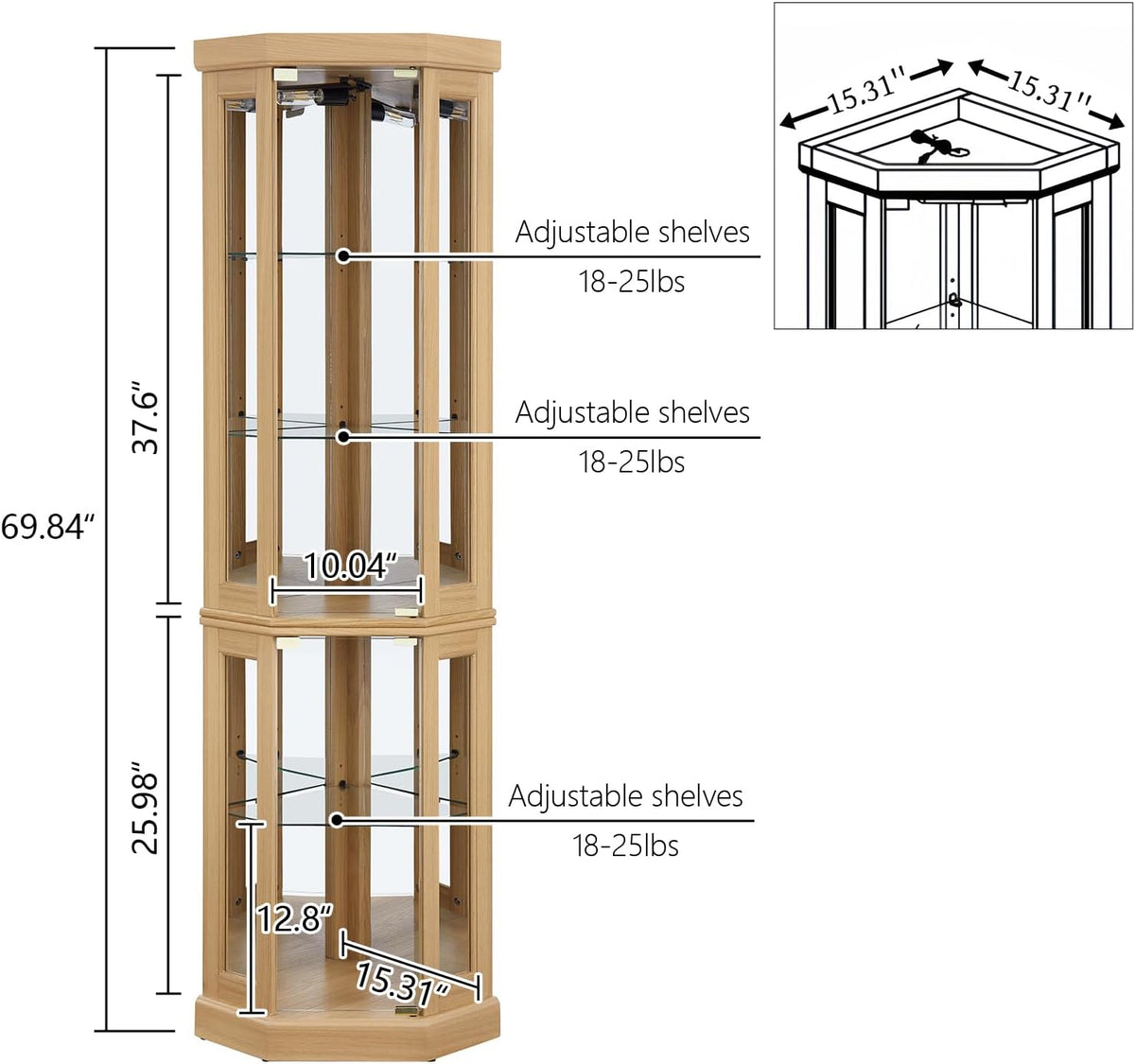 Tall Corner Cabinet with Glass Doors, Lighted Glass Display Curio Cabinet with Adjustable Shelves, Home Office Floor Standing Display Cabinets for Bar, Liquor Storage and Medal, Light Oak