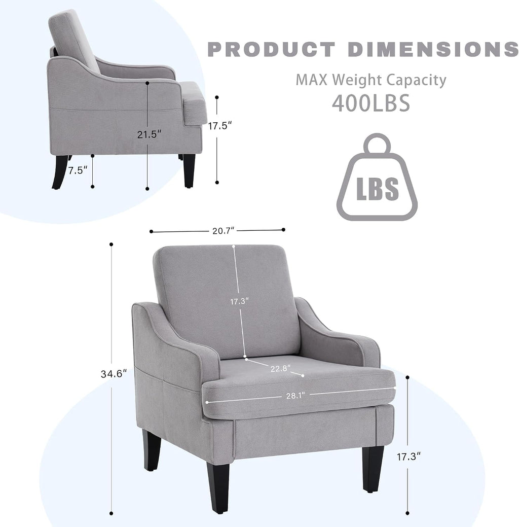 Mid-Century Accent Chair, Comfy Arm Chair Upholstered Living Room Chair for Bedroom, Fabric Reading Chair with Wood Legs for Apartment, Waiting Room, Vanity Room (Gray)
