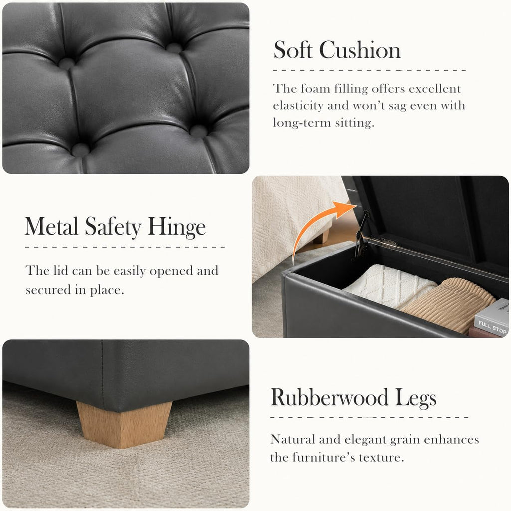 Aoiy & Wifon 60.2'' W Storage Ottoman Bench, PU Upholstered Ottoman with Storage, End of Bed Storage Bench with Wood Legs for Bedroom, Entryway, Window, Living Room, Gray