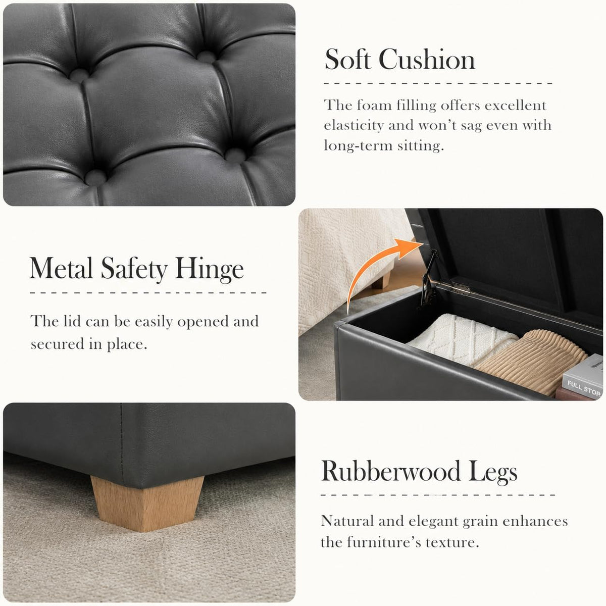 Aoiy & Wifon 60.2'' W Storage Ottoman Bench, PU Upholstered Ottoman with Storage, End of Bed Storage Bench with Wood Legs for Bedroom, Entryway, Window, Living Room, Gray