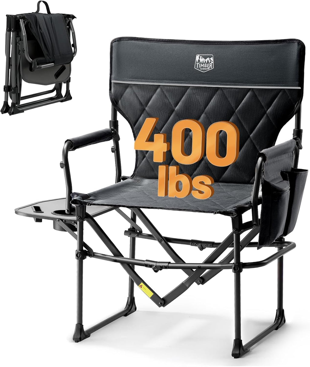 TIMBER RIDGE 400lbs Heavy Duty Camping Chair Portable Directors Chair | Folding Camp Chair with Side Table & Pocket Compact Size for Outdoor, Lawn, Sports and Fishing, Black
