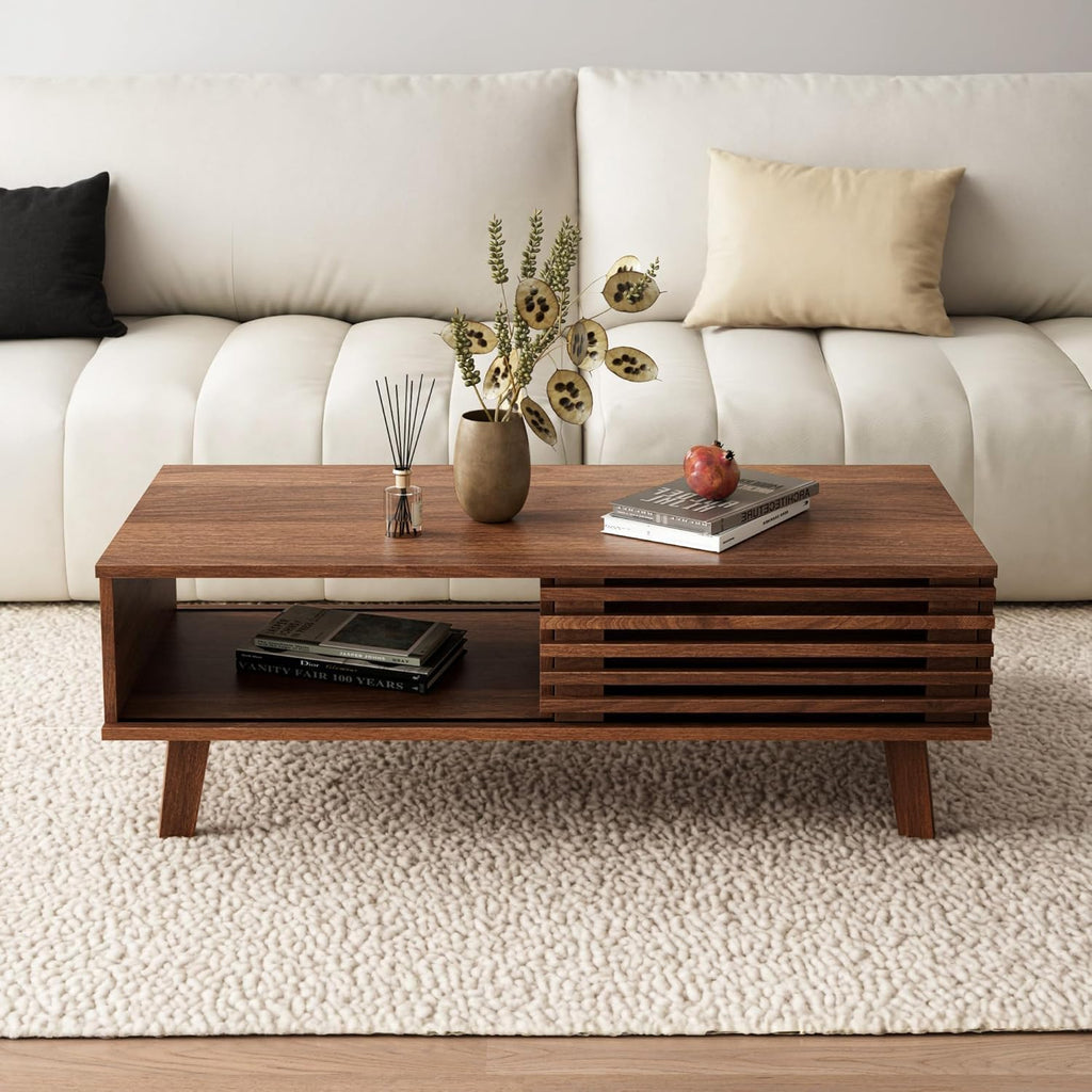 MAISONARIA Living Room Table Sets of 4, Mid Century Coffee Table & TV Stand & End Table Set of 2, Sliding Door Coffee Table and TV Stand with Storage, Modern End Table for Living Room, Walnut