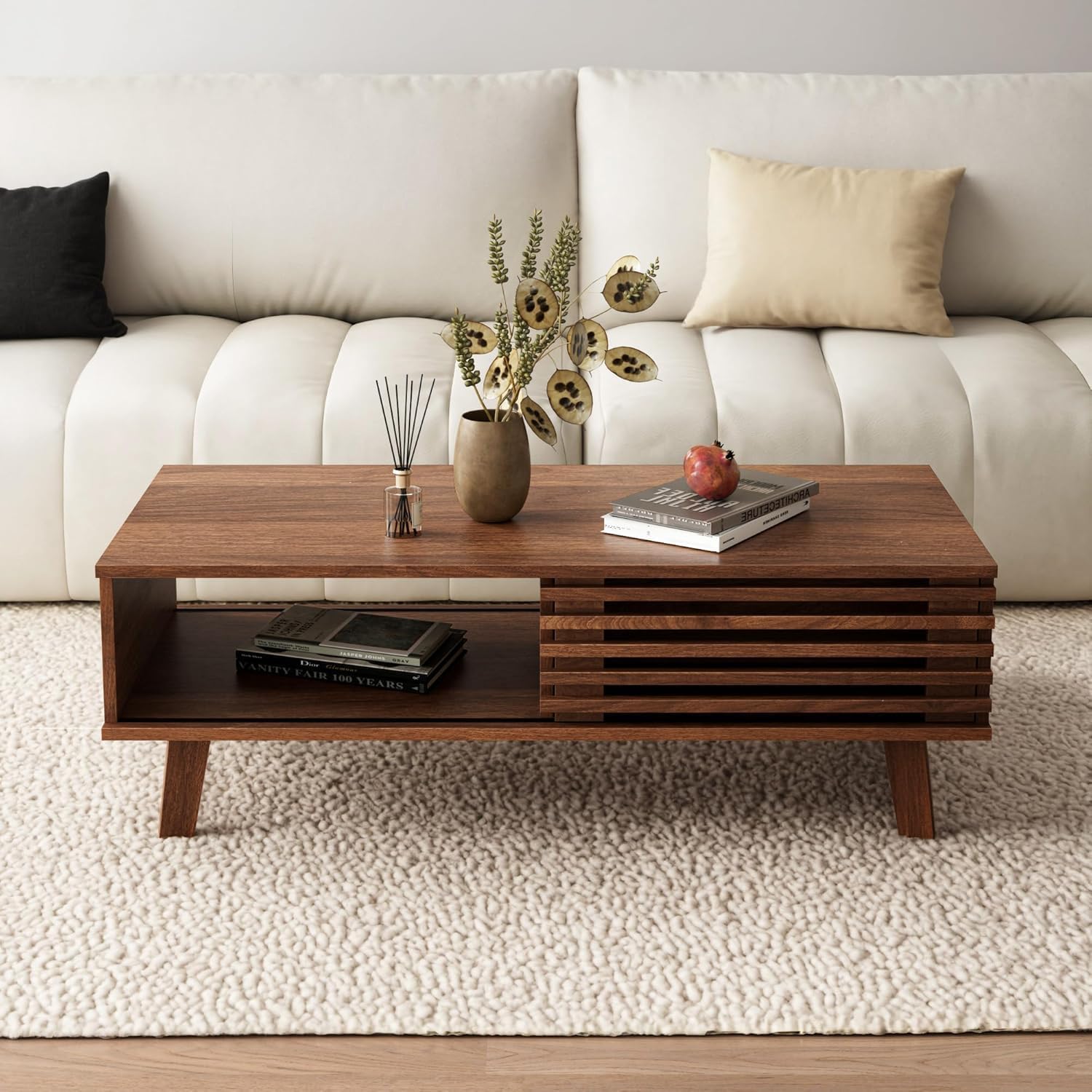 MAISONARIA Living Room Table Sets of 4, Mid Century Coffee Table & TV Stand & End Table Set of 2, Sliding Door Coffee Table and TV Stand with Storage, Modern End Table for Living Room, Walnut