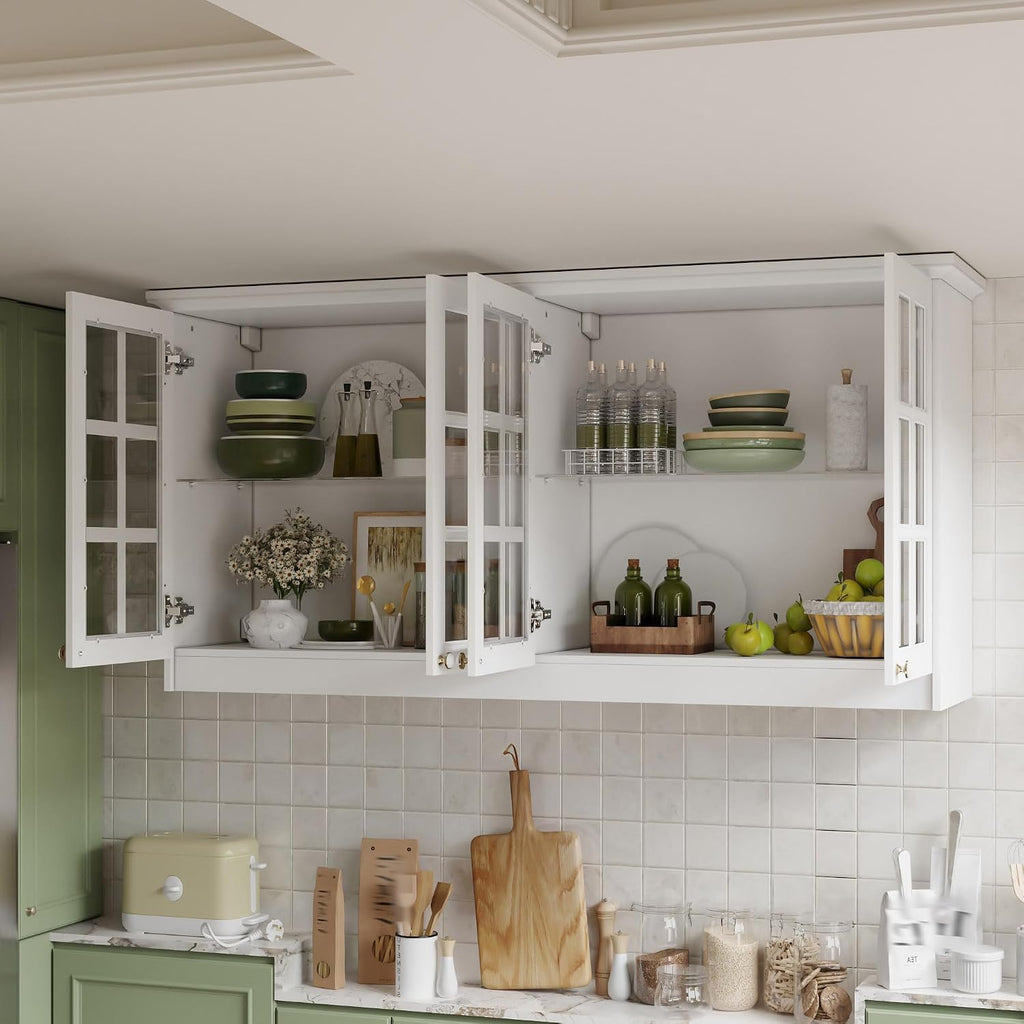 Timechee Large Cupboard, Modern Kitchen Food Pantry Storage Cabinet, White Hanging Bathroom Wall Mounted Cabinet Storage with Glass Shelf and Doors for Laundry Room(63.4"x 16.5"x 31.5")