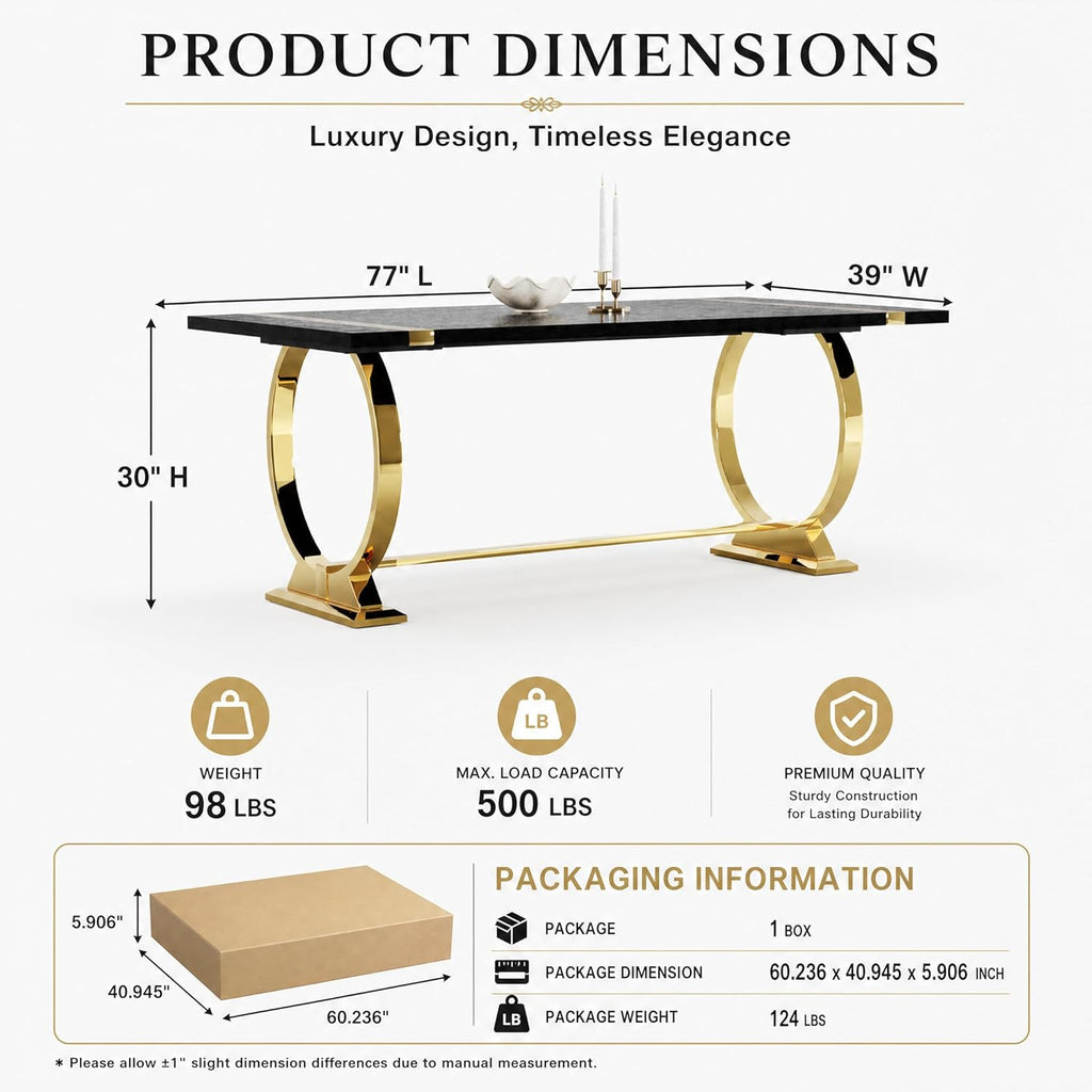 Asday 77" Wooden Dining Table for 6-8, Modern Rectangular Large Kitchen Table with Gold Polished Stainless Steel U-Shaped Base for DiningRoom Kitchen Dinner Home
