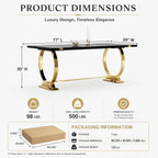 Asday 77" Wooden Dining Table for 6-8, Modern Rectangular Large Kitchen Table with Gold Polished Stainless Steel U-Shaped Base for DiningRoom Kitchen Dinner Home