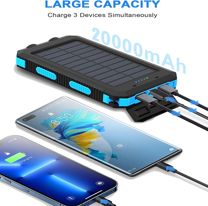 YELOMIN Solar Charger, 20000mAh Portable Type-C Solar Power Bank with 4 Cables, Waterproof Battery Pack, Outdoor External Backup Power Charger Six Outputs/LED Flashlights, Perfect for Camping Travel
