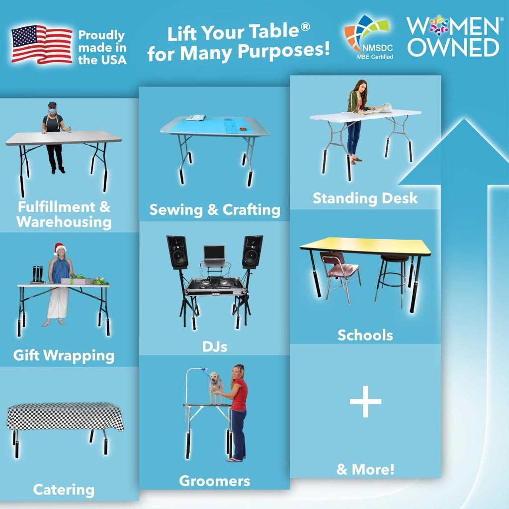 Lift Your Table® Folding Table Risers - Standing Desk Kit: XL Height - Made in the USA, Heavy Duty, Sturdy, Portable, Easy-to-Use Extensions Raise Bent Leg Folding Tables (Set of 4)