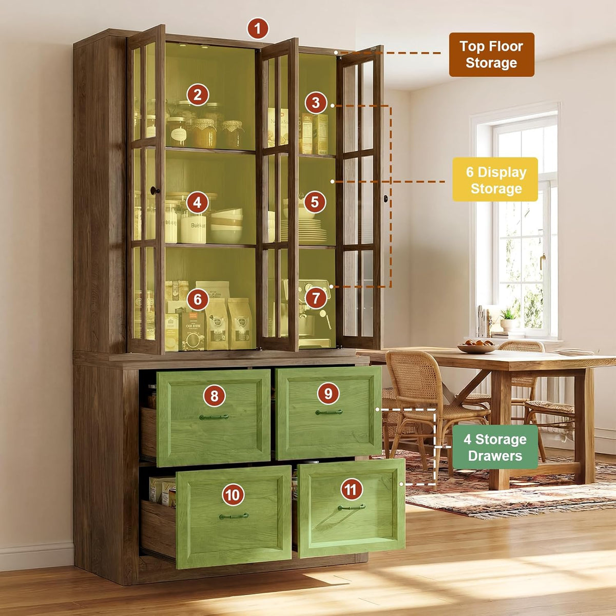 80" Modular Kitchen Pantry Cabinet, 2-in-1 Freestanding Tall Pantry Cabinet with Glass Doors & Adjustable Shelves, Large Hutch Storage Cabinet for Kitchen & Living Room (1, Cracked Oak, AD)