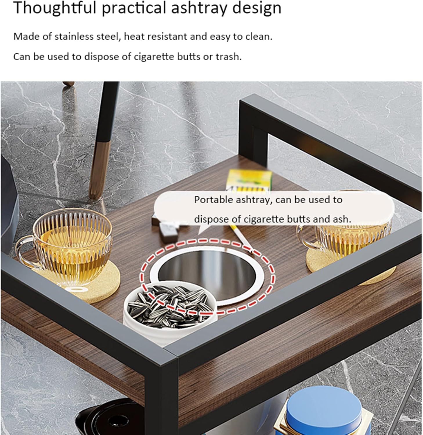 360° Rotating Small Side Table with Storage Rack, Movable Coffee Table with Railings and Removable Ashtray, Suitable for Living Room, Bedroom (Oak)